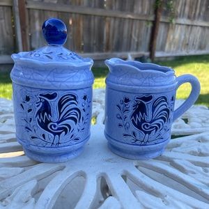 Vintage Blue Rooster Geo Lefton Creamer and Sugar Set